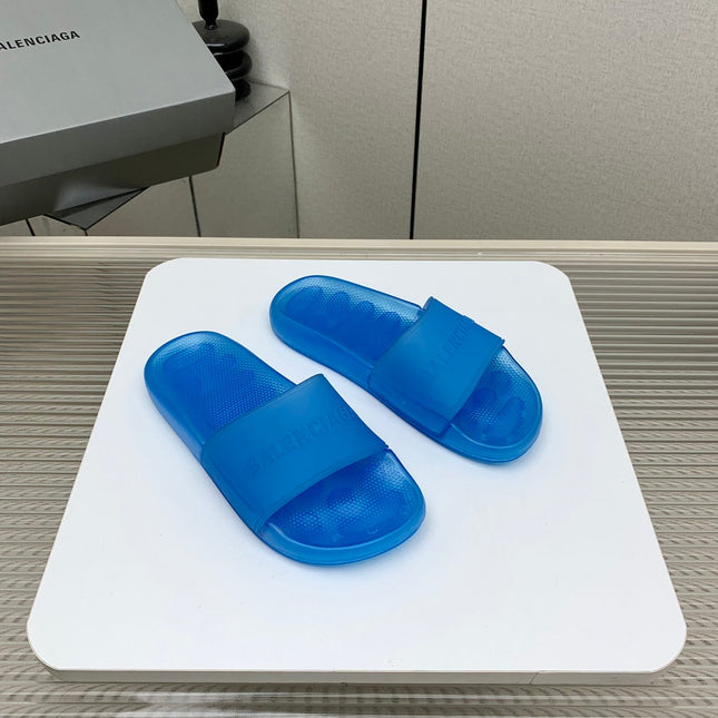 POOL SLIDE SANDAL IN JELLY BLUE RUBBER