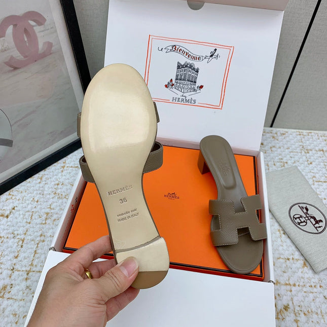 HM OASIS SANDAL HEEL 50MM IN TAUPE BROWN CALFSKIN