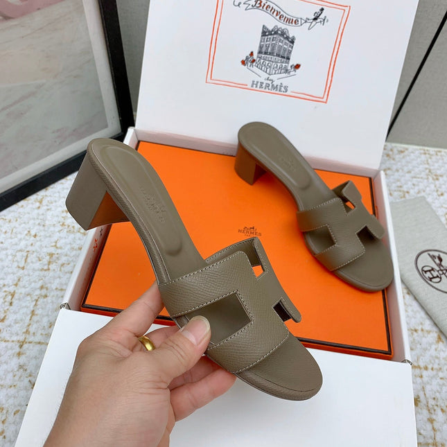 HM OASIS SANDAL HEEL 50MM IN TAUPE BROWN CALFSKIN