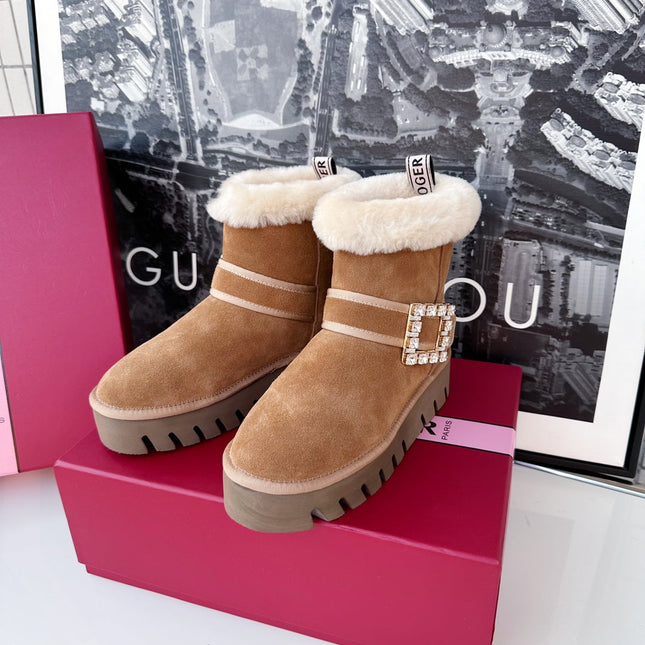 VIV' WINTER FUR STRASS BUCKLE ANKLE BOOTS IN TAN BROWN SUEDE