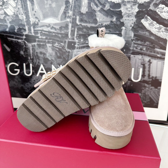 VIV' WINTER FUR STRASS BUCKLE ANKLE BOOTS IN TAUPE SUEDE