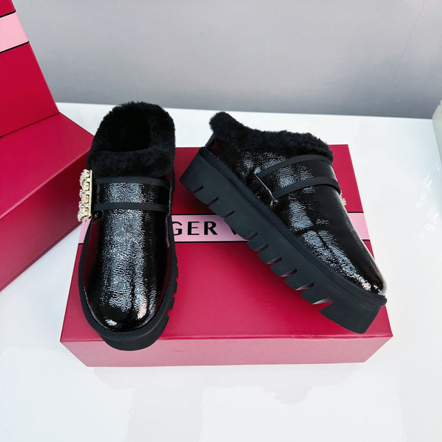 VIV WINTER PLATFORM MULES IN BLACK PATENT CALFSKIN