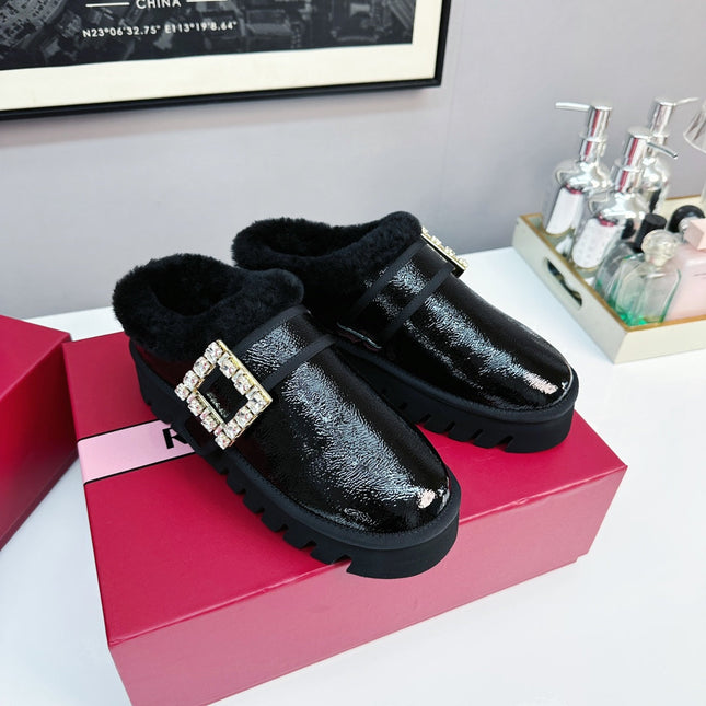 VIV WINTER PLATFORM MULES IN BLACK PATENT CALFSKIN