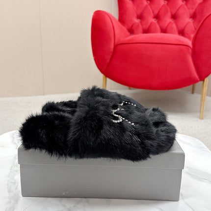 BALENCIAGA 25S SOFT FUR SLIPPERS IN BLACK FUR WITH RHINESTONE BOW