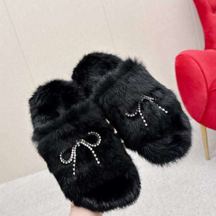 BALENCIAGA 25S SOFT FUR SLIPPERS IN BLACK FUR WITH RHINESTONE BOW