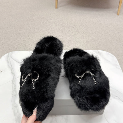 BALENCIAGA 25S SOFT FUR SLIPPERS IN BLACK FUR WITH RHINESTONE BOW