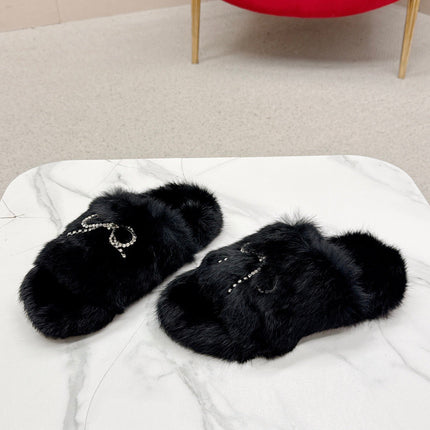 BALENCIAGA 25S SOFT FUR SLIPPERS IN BLACK FUR WITH RHINESTONE BOW