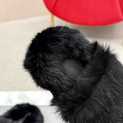 BALENCIAGA 25S SOFT FUR SLIPPERS IN BLACK FUR WITH RHINESTONE BOW