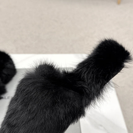 BALENCIAGA 25S SOFT FUR SLIPPERS IN BLACK FUR WITH RHINESTONE BOW