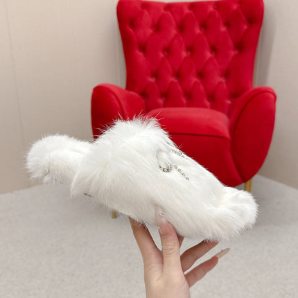 BALENCIAGA 25S SOFT FUR SLIPPERS IN WHITE FUR WITH RHINESTONE BOW