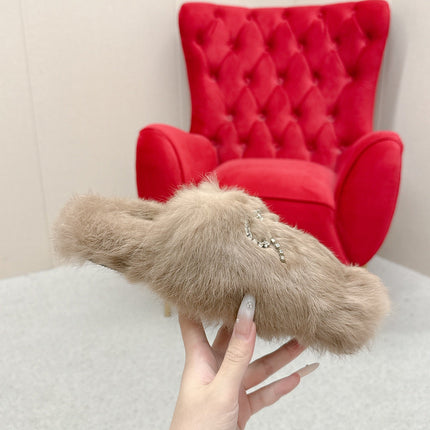 BALENCIAGA 25S SOFT FUR SLIPPERS IN LIGHT BROWN FUR WITH RHINESTONE BOW