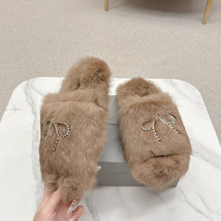 BALENCIAGA 25S SOFT FUR SLIPPERS IN LIGHT BROWN FUR WITH RHINESTONE BOW