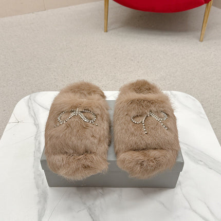 BALENCIAGA 25S SOFT FUR SLIPPERS IN LIGHT BROWN FUR WITH RHINESTONE BOW