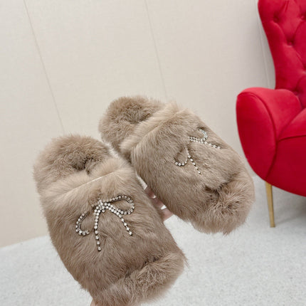 BALENCIAGA 25S SOFT FUR SLIPPERS IN LIGHT BROWN FUR WITH RHINESTONE BOW