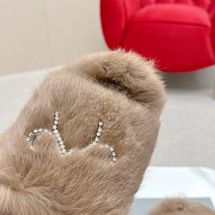 BALENCIAGA 25S SOFT FUR SLIPPERS IN LIGHT BROWN FUR WITH RHINESTONE BOW