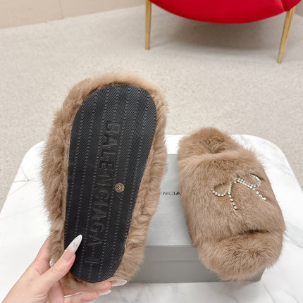 BALENCIAGA 25S SOFT FUR SLIPPERS IN LIGHT BROWN FUR WITH RHINESTONE BOW