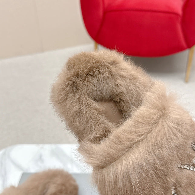 BALENCIAGA 25S SOFT FUR SLIPPERS IN LIGHT BROWN FUR WITH RHINESTONE BOW