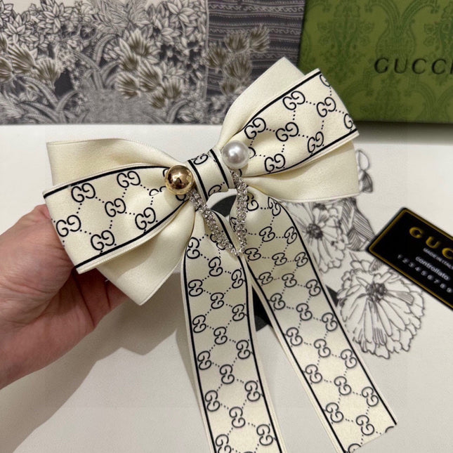 RIBBON BOW HAIR CLIP IN IVORY WHITE RE-NYLON ATTACHED PEARL 358258