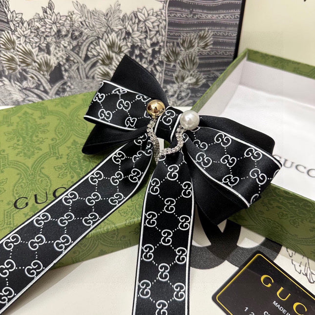 RIBBON BOW HAIR CLIP IN BLACK RE-NYLON ATTACHED PEARL 358260