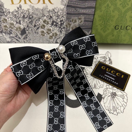 RIBBON BOW HAIR CLIP IN BLACK RE-NYLON ATTACHED PEARL 358260