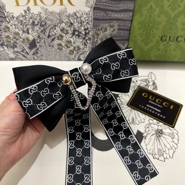 RIBBON BOW HAIR CLIP IN BLACK RE-NYLON ATTACHED PEARL 358260