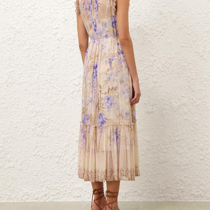 ZIMMER PLEATED V-NECK SLEEVELESS DRESS IN BEIGE MIX PURPLE