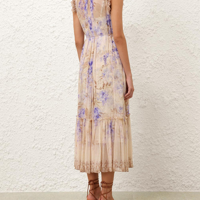 ZIMMER PLEATED V-NECK SLEEVELESS DRESS IN BEIGE MIX PURPLE