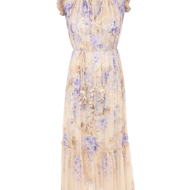 ZIMMER PLEATED V-NECK SLEEVELESS DRESS IN BEIGE MIX PURPLE