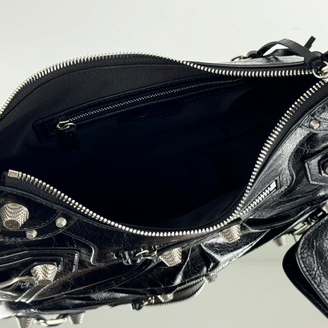 LE CAGOLE LARGE SHOULDER BAG 33 WITH RHINESTONES IN BLACK ARENA LAMBSKIN SILVER HARDWARE