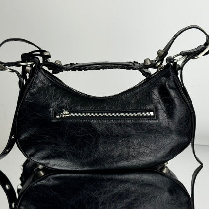 LE CAGOLE LARGE SHOULDER BAG 33 WITH RHINESTONES IN BLACK ARENA LAMBSKIN SILVER HARDWARE