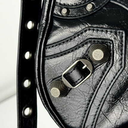 LE CAGOLE LARGE SHOULDER BAG 33 WITH RHINESTONES IN BLACK ARENA LAMBSKIN SILVER HARDWARE