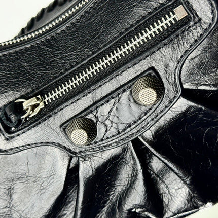 LE CAGOLE LARGE SHOULDER BAG 33 WITH RHINESTONES IN BLACK ARENA LAMBSKIN SILVER HARDWARE