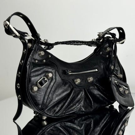 LE CAGOLE LARGE SHOULDER BAG 33 WITH RHINESTONES IN BLACK ARENA LAMBSKIN SILVER HARDWARE