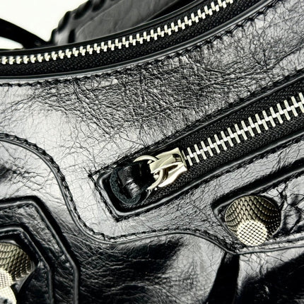 LE CAGOLE LARGE SHOULDER BAG 33 WITH RHINESTONES IN BLACK ARENA LAMBSKIN SILVER HARDWARE