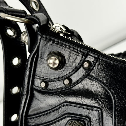 LE CAGOLE LARGE SHOULDER BAG 33 WITH RHINESTONES IN BLACK ARENA LAMBSKIN SILVER HARDWARE