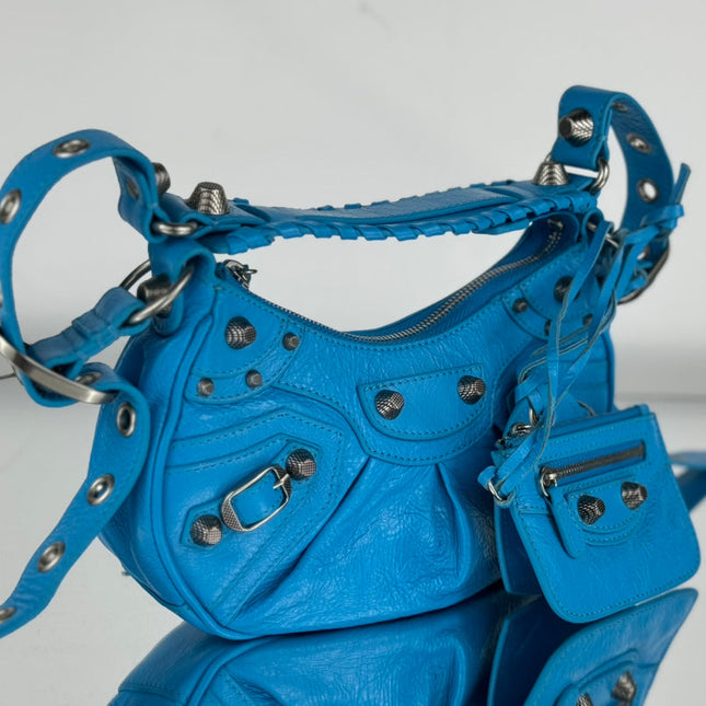 LE CAGOLE SMALL SHOULDER BAG 26 WITH RHINESTONES IN DODPER BLUE LAMBSKIN