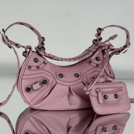 LE CAGOLE SMALL SHOULDER BAG 26 WITH RHINESTONES IN CREPE PINK LAMBSKIN