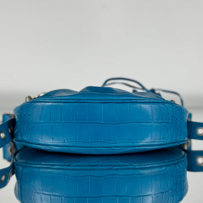 LE CAGOLE SMALL SHOULDER BAG 26 WITH RHINESTONES IN DODPER BLUE CROCODILE EMBOSSED CALFSKIN