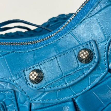 LE CAGOLE SMALL SHOULDER BAG 26 WITH RHINESTONES IN DODPER BLUE CROCODILE EMBOSSED CALFSKIN