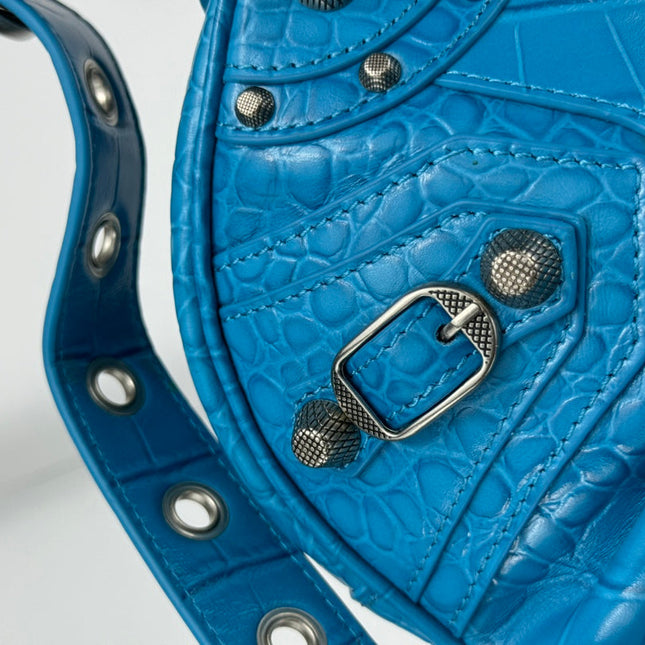 LE CAGOLE SMALL SHOULDER BAG 26 WITH RHINESTONES IN DODPER BLUE CROCODILE EMBOSSED CALFSKIN