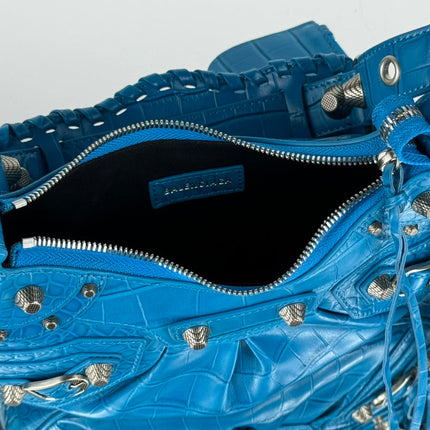 LE CAGOLE SMALL SHOULDER BAG 26 WITH RHINESTONES IN DODPER BLUE CROCODILE EMBOSSED CALFSKIN