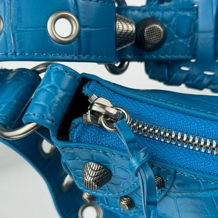 LE CAGOLE SMALL SHOULDER BAG 26 WITH RHINESTONES IN DODPER BLUE CROCODILE EMBOSSED CALFSKIN