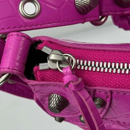 LE CAGOLE SMALL SHOULDER BAG 26 WITH RHINESTONES IN DEEP PINK CROCODILE EMBOSSED CALFSKIN