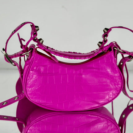 LE CAGOLE SMALL SHOULDER BAG 26 WITH RHINESTONES IN DEEP PINK CROCODILE EMBOSSED CALFSKIN