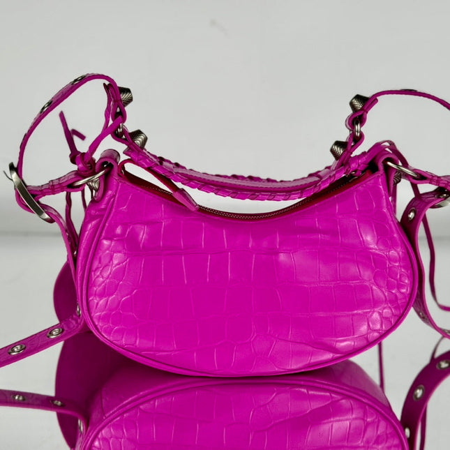 LE CAGOLE SMALL SHOULDER BAG 26 WITH RHINESTONES IN DEEP PINK CROCODILE EMBOSSED CALFSKIN