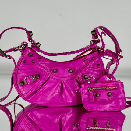 LE CAGOLE SMALL SHOULDER BAG 26 WITH RHINESTONES IN DEEP PINK CROCODILE EMBOSSED CALFSKIN