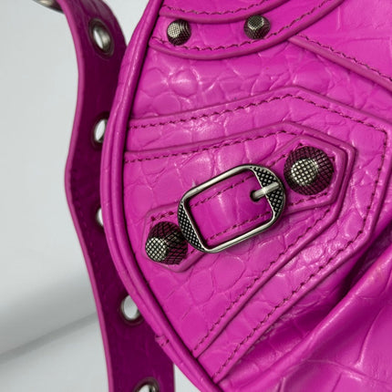 LE CAGOLE SMALL SHOULDER BAG 26 WITH RHINESTONES IN DEEP PINK CROCODILE EMBOSSED CALFSKIN