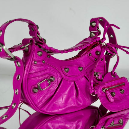 LE CAGOLE SMALL SHOULDER BAG 26 WITH RHINESTONES IN DEEP PINK CROCODILE EMBOSSED CALFSKIN