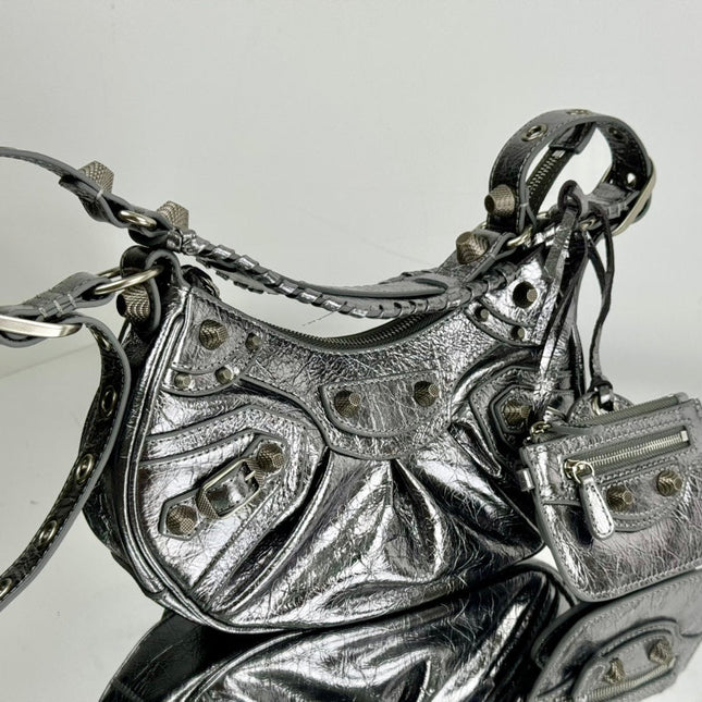 LE CAGOLE SMALL SHOULDER BAG 26 WITH RHINESTONES IN SILVER METALLIC ARENA LAMBSKIN