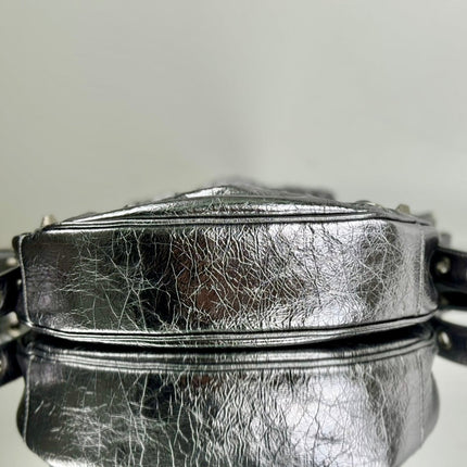 LE CAGOLE SMALL SHOULDER BAG 26 WITH RHINESTONES IN SILVER METALLIC ARENA LAMBSKIN